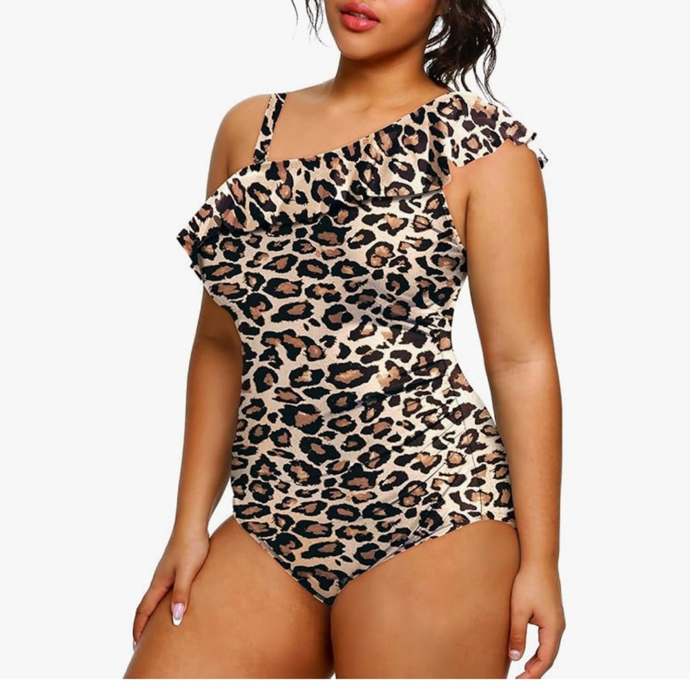 Aqua Eve Plus Size Bathing Suits One Piece, One Shoulder Ruffle Tummy Control - Picture 4 of 8